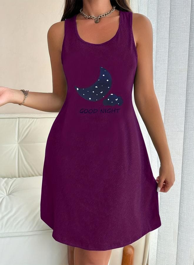 Purple Printed Sleeveless Nightdress
