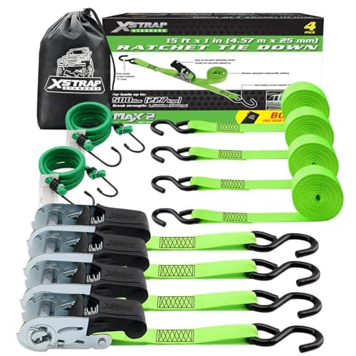 XSTRAP STANDARD 4 Pack 1" x 15Ft Ratchet Tie Down Straps - 500Lbs Load Cap, 1500Lb Break Strength, Includes 2 Bungee Cords for Moving Appliances & Motorcycle, Green