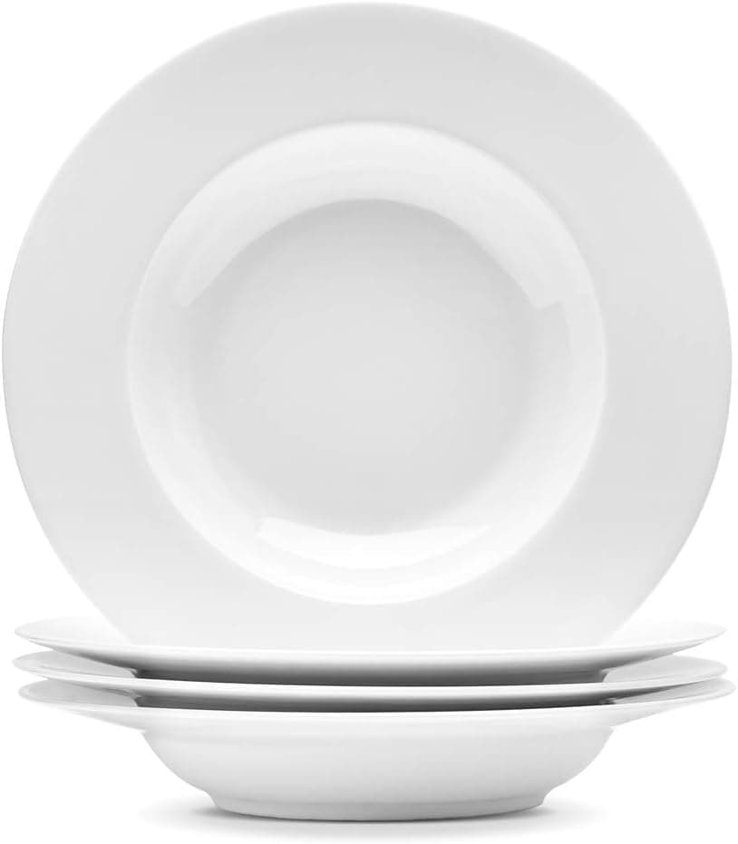 Artena 10 Ounce Pasta Bowls Set of 4 Elegant White Soup Bowls Wide Rim Salad Bowl Premium Porcelain Pasta Plate Bowl Shallow Soup Plates for Eating Microwave Dishwasher Oven Safe Bowls