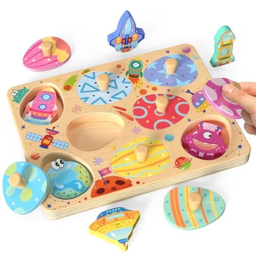 Zeoddler Wooden Puzzles for Toddlers 8 Pcs Space Matching Egg Puzzle Solar System for Kids Montessori Toys for Boy Girl Easter Birthday Gifts Educational Toys for Boys Girls