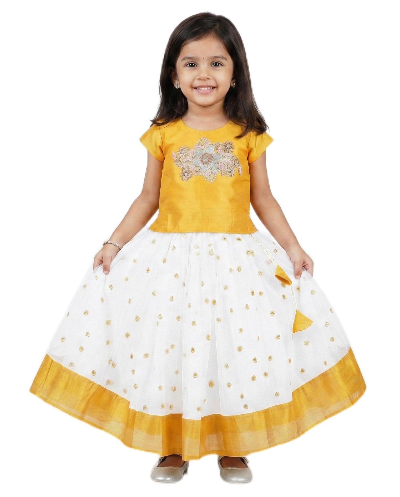 Stanwells Kids Lehenga Choli for Girls Net Satin Pattu Pavadai Readymade Sequins Embroidered Traditional Lehenga Choli for Kids Off White and Golden (3-4 Years)