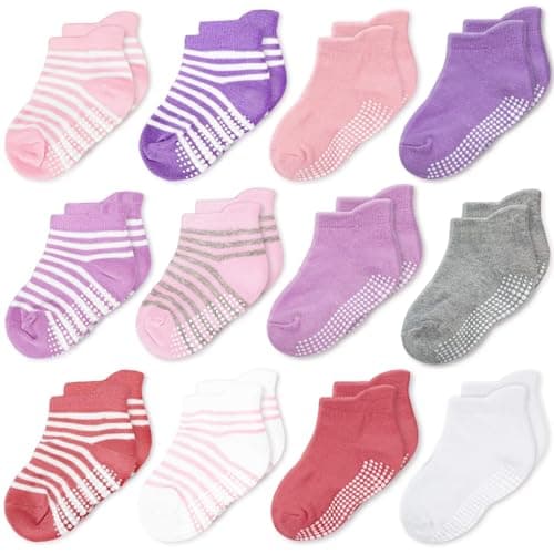 CozyWay Baby & Toddler Grip Socks - Non-Slip Toddler Socks with Grippers - Breathable Soft Cotton for 6-12 Month Wear - Easy-On Heel Tab - Pink/White - Pack of 12