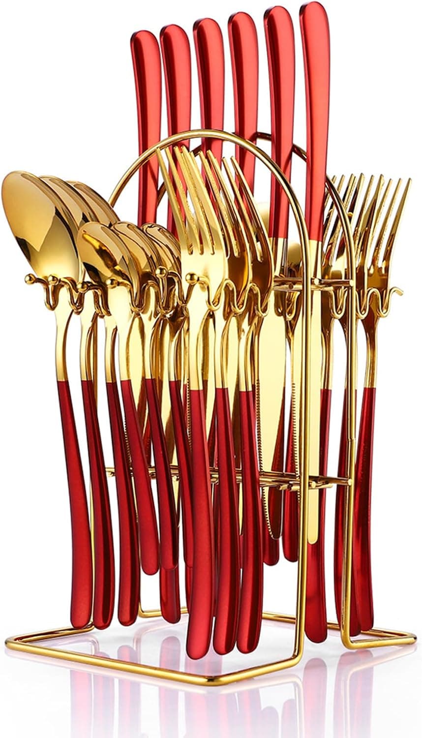 24 Pieces Silverware Set Stainless Steel Flatware Set with Silverware Holder Spoons Forks Knives SetUtensils Set Service for 6Cutlery Set for Kitchen Red 96inch