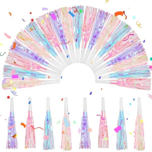 Motionchic 24 Pcs Party Blowers Glitter Iridescent Mermaid Unicorn Princess Noise Makers Metallic Fringed Horns Bulk for Graduation Birthday Favors Kids DecorPink Purple Blue White