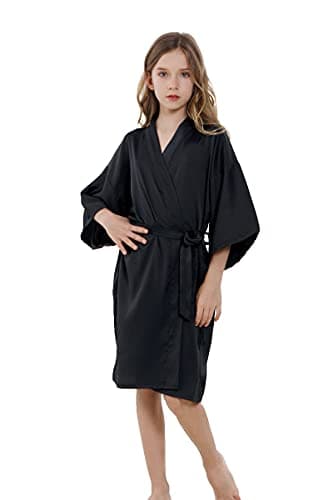 ALHAVONE Girl's Kid's Silky Satin Solid Color Short Kimono Robe for Wedding Birthday Party Spa (Black, 14)