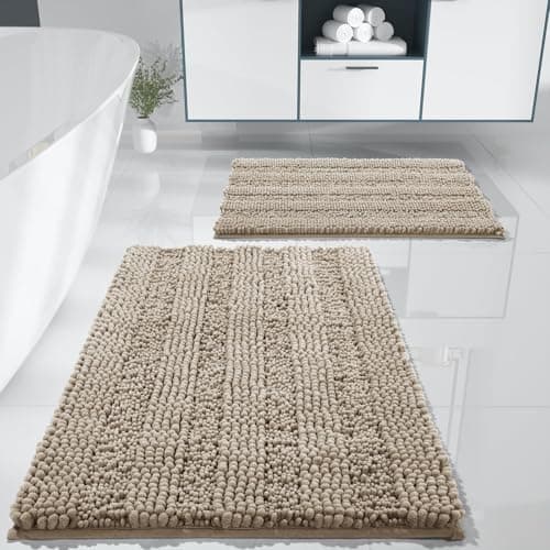 Yimobra Bathroom Rug Set 2 Piece, Soft Absorbent Chenille Bath Mat Set, Non Slip Machine Washable Quick Dry, Plush Shower Rugs for Bathroom Floor Sink Tub and Shower Outside, 32"x20"+24"x17", Camel