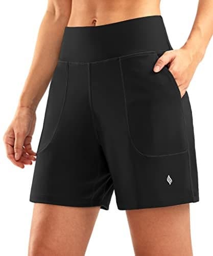 SANTINY Women's 6'' Athletic Long Shorts with 4 Pockets High Waisted Bermuda Shorts for Women Walking Running Casual (Black_M)