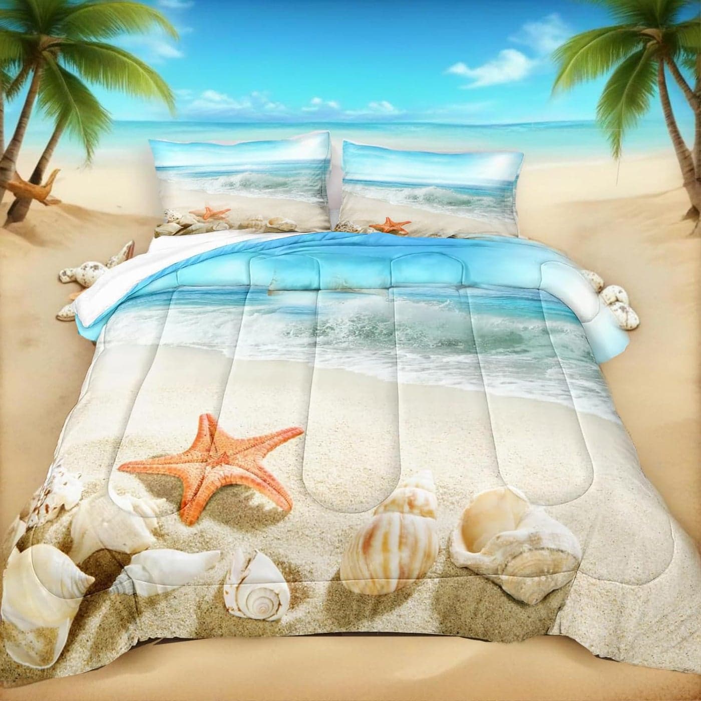 Bedbay Beach Theme Comforter Queen Seashell Comforter Set Beach Room Decor Starfish Seashore Ocean Quilt Set 3 Pcs Beachy Comforter Set Coastal Bedding Quilt Set for All SeasonsConchQueen