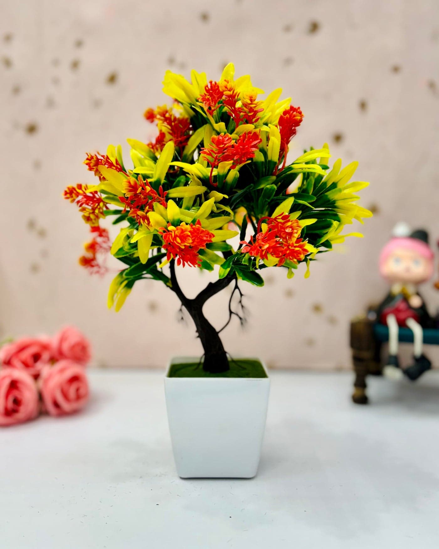 Dekorly Artificial Wild | Indoor Outdoor | Bathroom Bedroom Living Room Farmhouse Housewarming | Plastic & Wooden Potted Plants for Home Office Desk | Fake Faux Colorful Plant (Medium, Design-H)