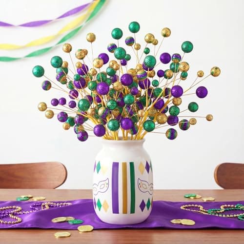 Youyole 10 Pcs 15 Inch Mardi Gras Picks Large Purple Green Gold Glitter Ball Pick for Mardi Gras Tree Table Decorations Vase Filler Arrangement Wreath
