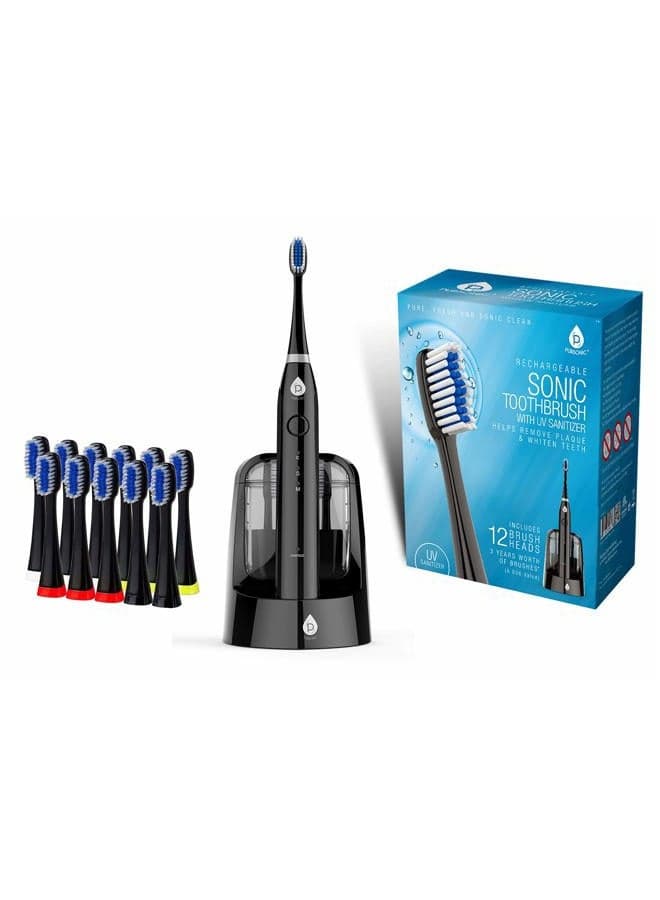 Pursonic S750 Sonic SmartSeries Electronic Power Rechargeable Battery Toothbrush with UV Sanitizing Function, Black, Includes 12 Brush Heads