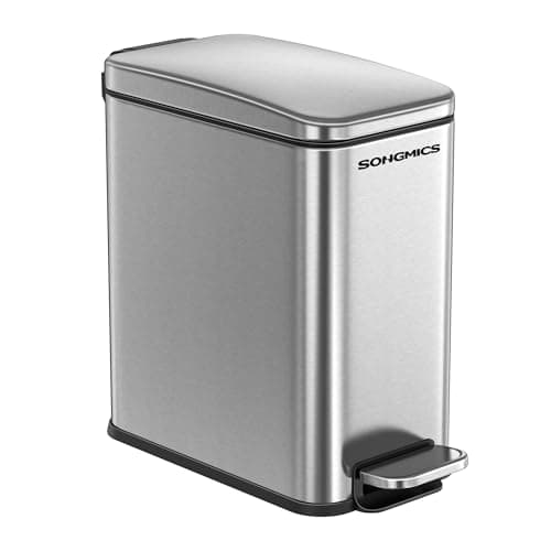 SONGMICS Bathroom Trash Can 13 Gallon 5 L Small Trash Bin with Lid Slim for Small Spaces Stainless Steel Garbage Can Soft Close Silver ULTB560E05