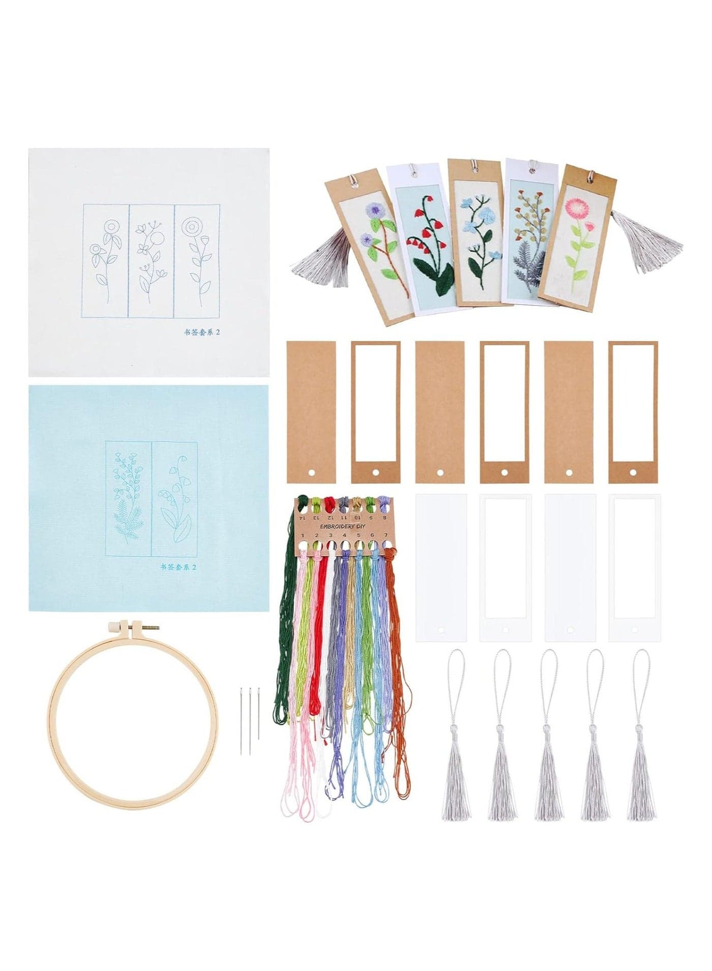 Embroidery Bookmark Kit, Floral Plant Stamped with Needle Tassel Cards Hoop, Vintage Style Making Kit for DIY Beginners Adult Book Lovers