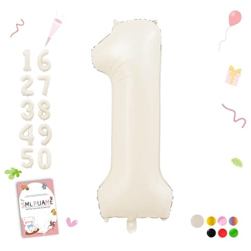 Smlpuame 40 Inch Beige Number 1 Balloon for 1st Birthday Decorations Boys Girls Large Self Inflating Cream Foil Number 09 White Sand 1 Balloons for Women Men Party Anniversary Supplies Baby Shower