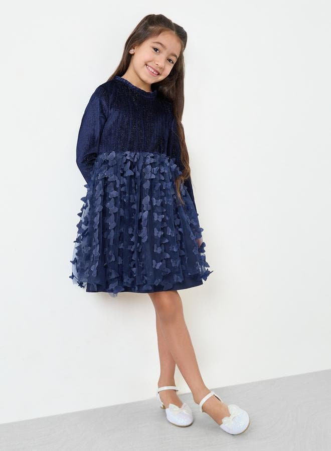 Girls Navy Blue Butterfly Long Sleeve Dress