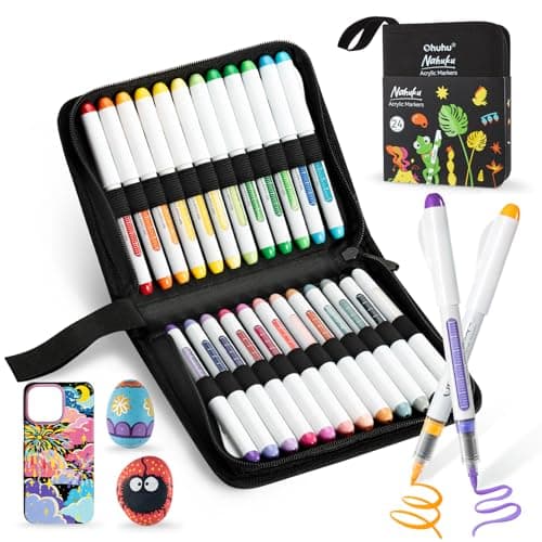Ohuhu Acrylic Paint Markers Direct Liquid: 24 Colors Flexible Brush Tip Acrylic Markers High Opacity Paint Pens Waterproof Lightfast for Rock Easter Eggs Wood - Nahuku