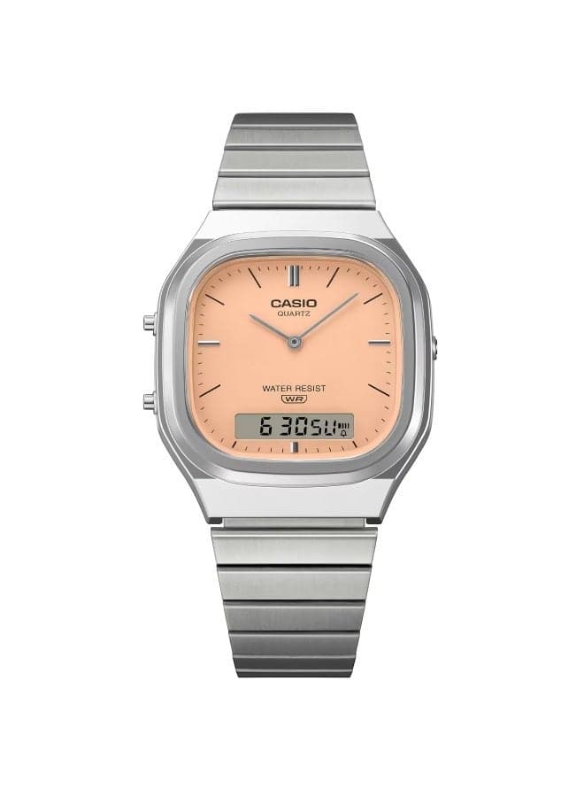 Casio Vintage AQ-240E-4ADF Orange Dial Analog Digital Stainless Steel Watch with Dual Time