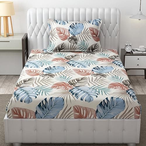 FRESH FROM LOOM Floral Single Size Bedsheet - Microfiber Rotary Printed, Hypoallergenic, Wrinkle Free with 1 Pillow Covers (60x90 Inches | Almond, Ginkgo Design), Multicolor, 144 TC