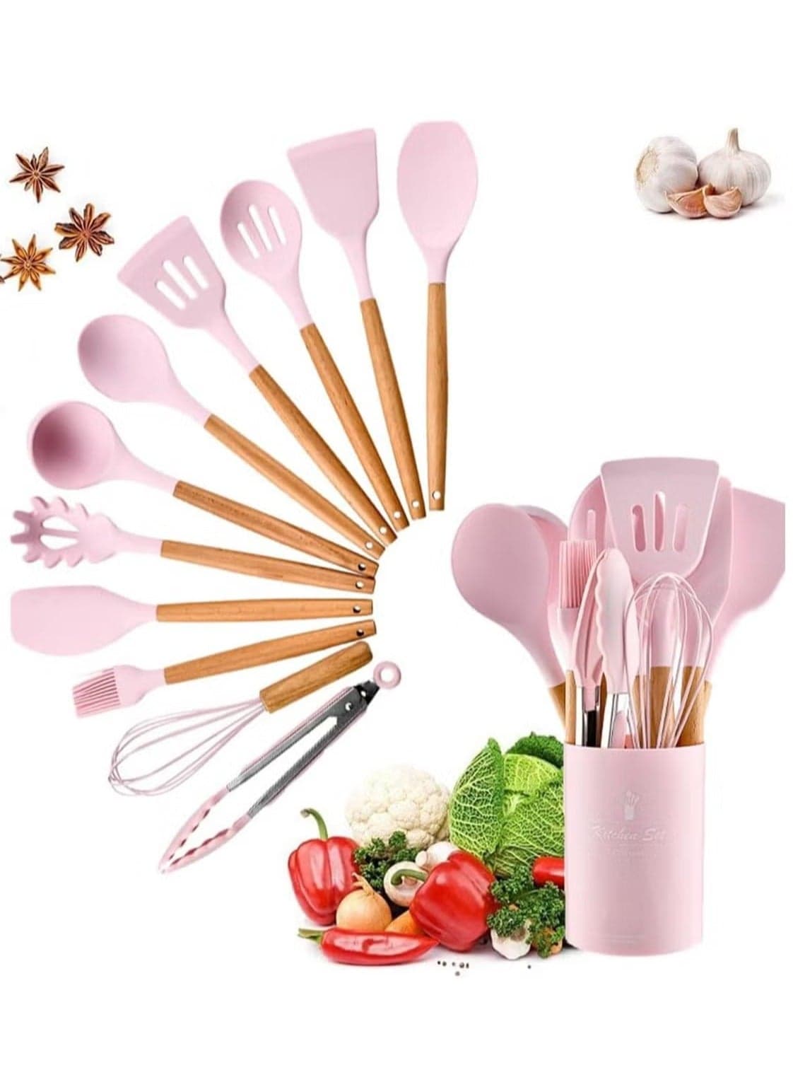 12 Pcs Silicone Cooking Kitchen Utensils Set Arabest Heat Resistant Wooden Handles Cooking Tool BPA Free Non Toxic Silicone Turner Tongs Spatula Spoon Kitchen Gadgets Set for Nonstick Cookware pink