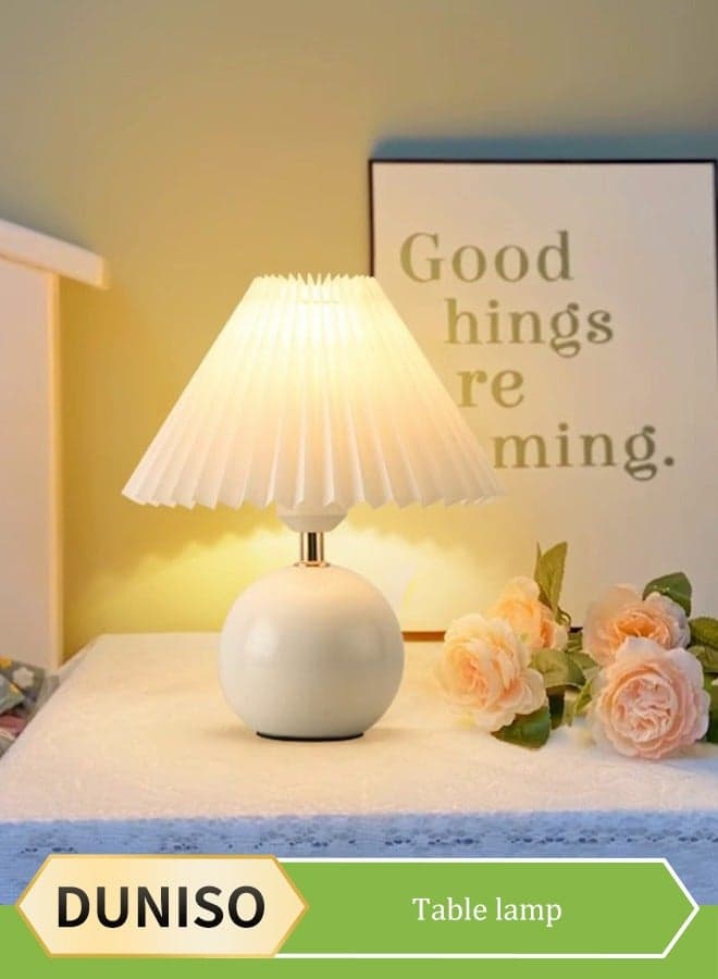 5W Modern Small Ceramic Table Lamp, Classic Bedside Desk lamp for Living Room Bedroom, Farmhouse Nightstand Lamps with Fabric Shade