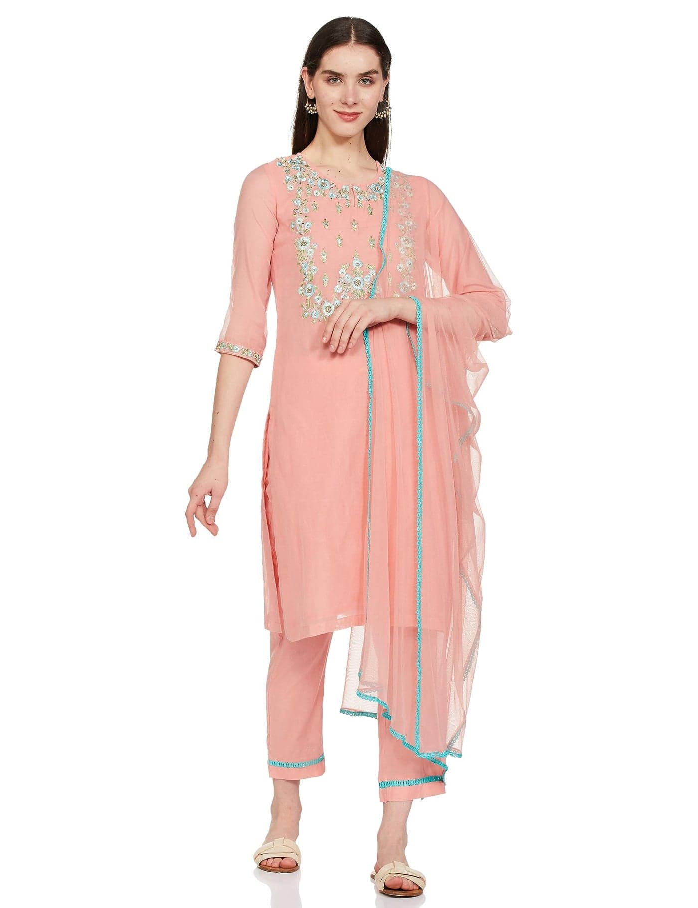 Biba WOMEN YARNDYED NARROW SALWAR KURTA DUPATTA(SKD7456E_PEACH_34)