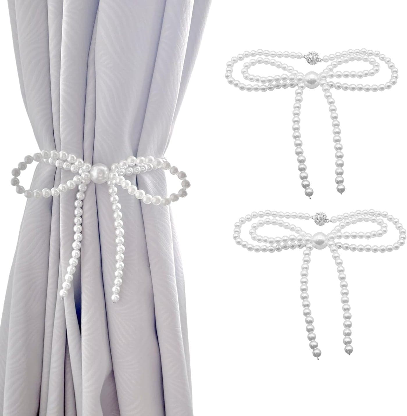 2 Pack Pearl Beaded Magnetic Curtain Tiebacks, Pearl Bow Curtain Tiebacks for Indoor Outdoor Drapes, Bow Style, Rhinestone Embellishment, 15.74in Length