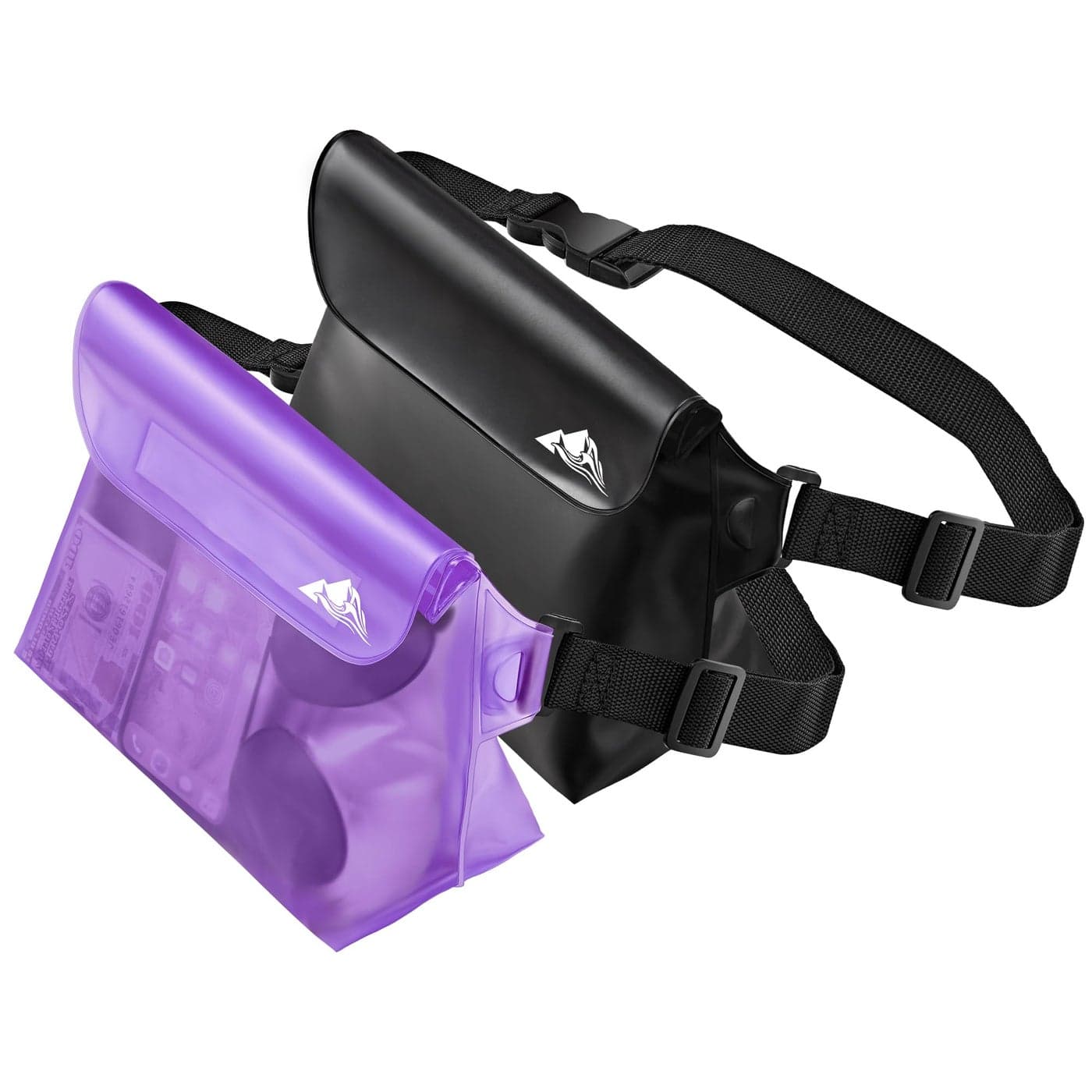 HEETA 2-Pack Waterproof Pouch with Waist Strap, Screen Touchable Dry Bag with Adjustable Belt for Phone Valuables for Kayaking Swimming Snorkeling Boating Fishing Surfing Beach (Purple & Black)