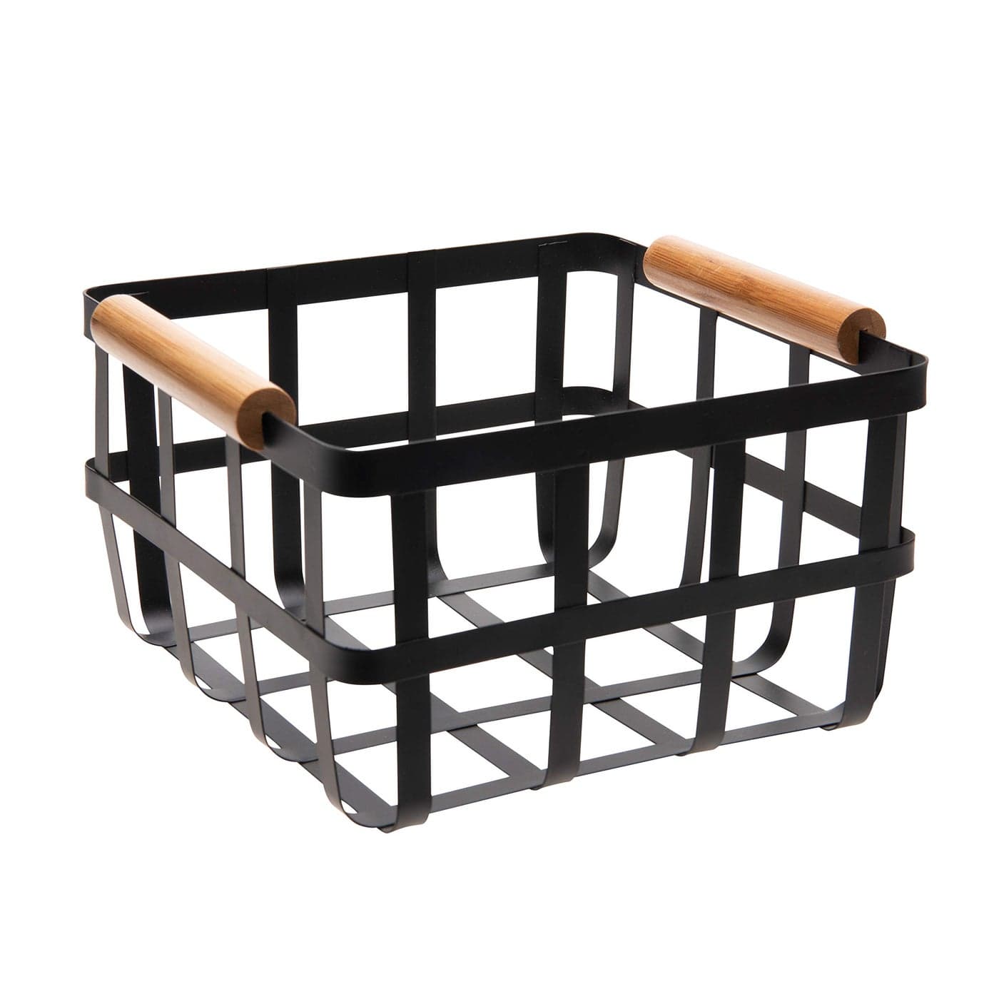 Simplify Square Metal Storage Basket with Bamboo Handles Medium Farmhouse Style Wire Basket Home Organizer Decorative Rustic Black