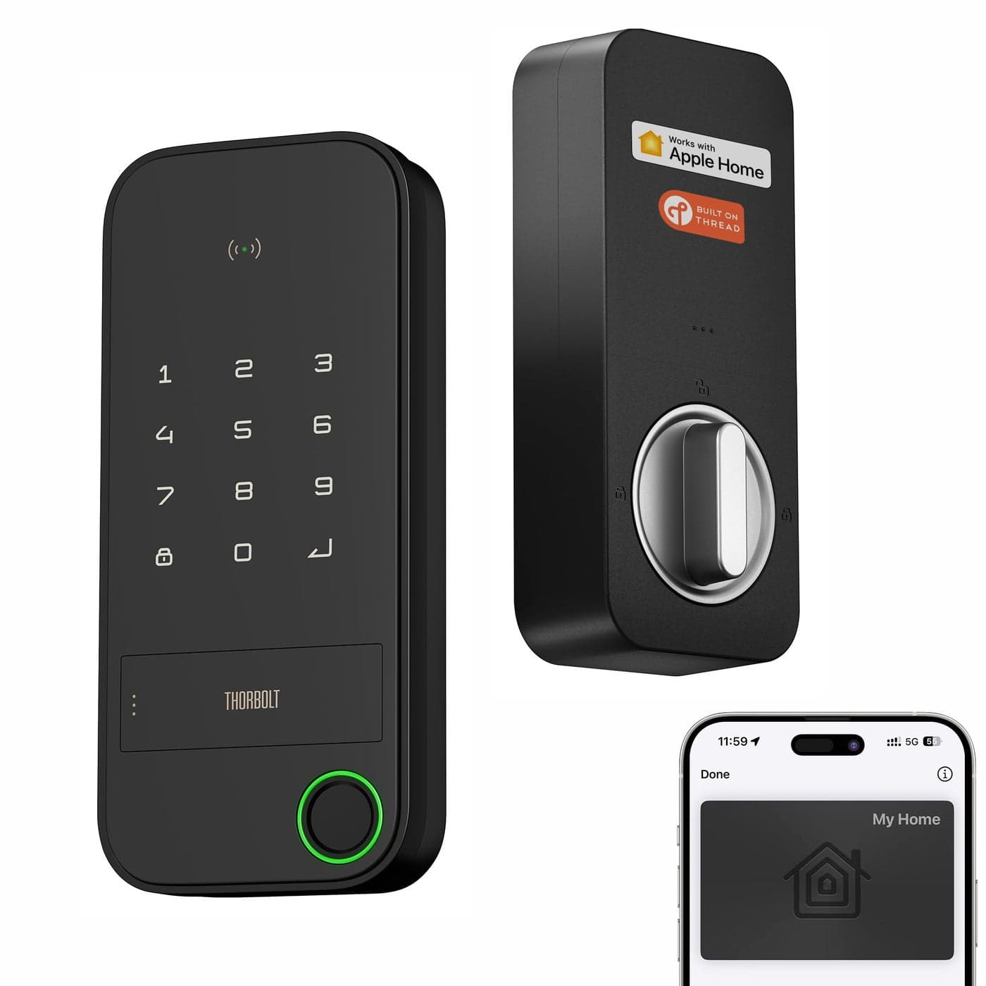 ThorBolt X1 Apple Home Key Lock iOS ONLY Smart Keyless Entry HomeKit Door Lock with Fingerprint Keypad Deadbolt Lock Works with HomeKit Over Thread Border Router Required IP65 Weatherproof Black