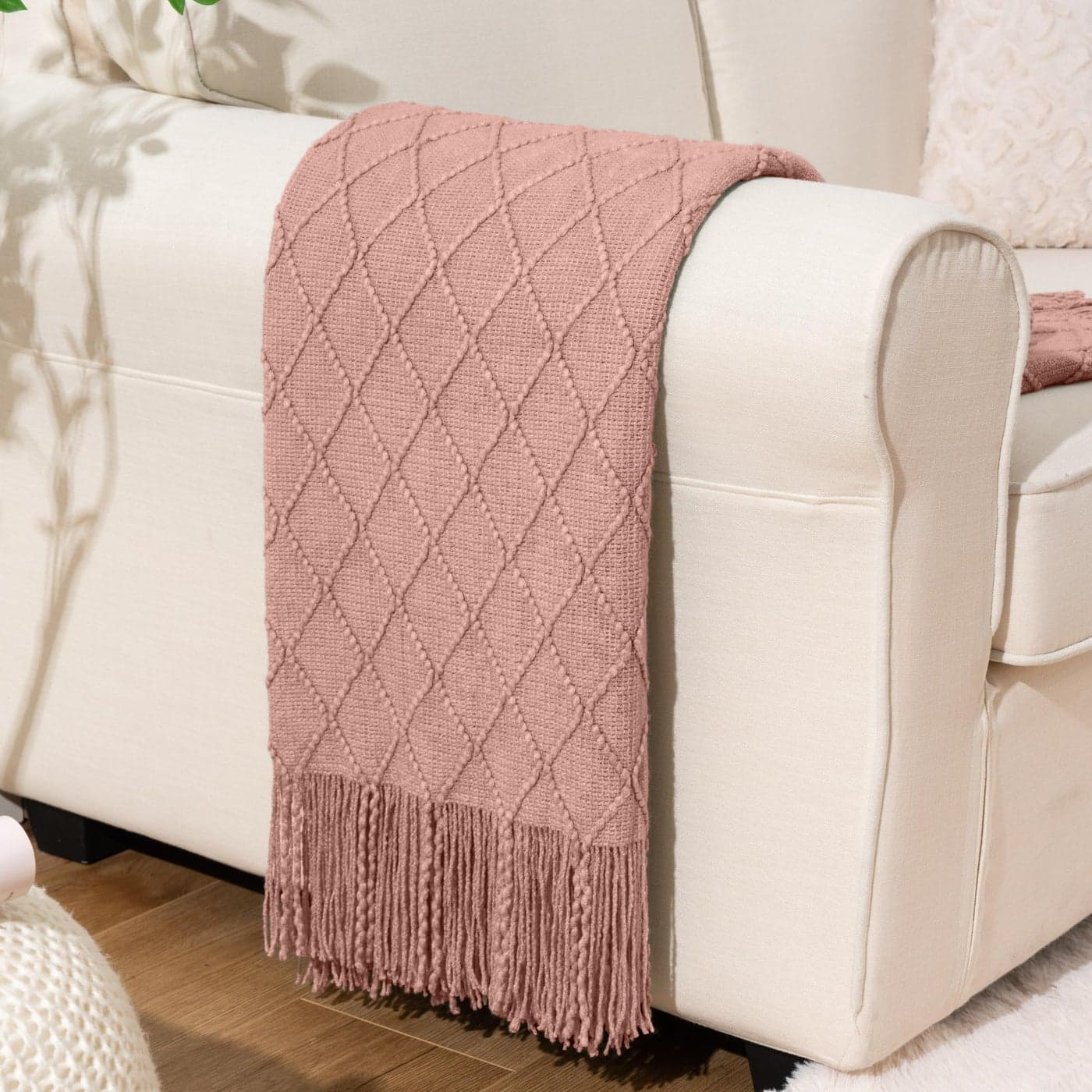BATTILO HOME Blush Throw Blanket with Tassels Pink Knit Blanket for Home Decor Boho Style Textured Knitted Decorative Twin Blanket for Couch Sofa Bed 52x80