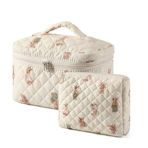 RSRSLEII 2 Pcs Quilted Cotton Makeup Pouch Coquette Floral Quilted Toiletry Makeup Bag for Women and Girls Aesthetic Travel Organized Cosmetic Bags02Bear Pattern