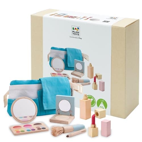 PlanToys Pretend Play Wooden Makeup Set for Kids Makeup Kit with Mirror Lipstick Brush Eyeshadow Waist Bag Montessori Toy for Toddlers Girls EcoFriendly Beauty Role Play Set