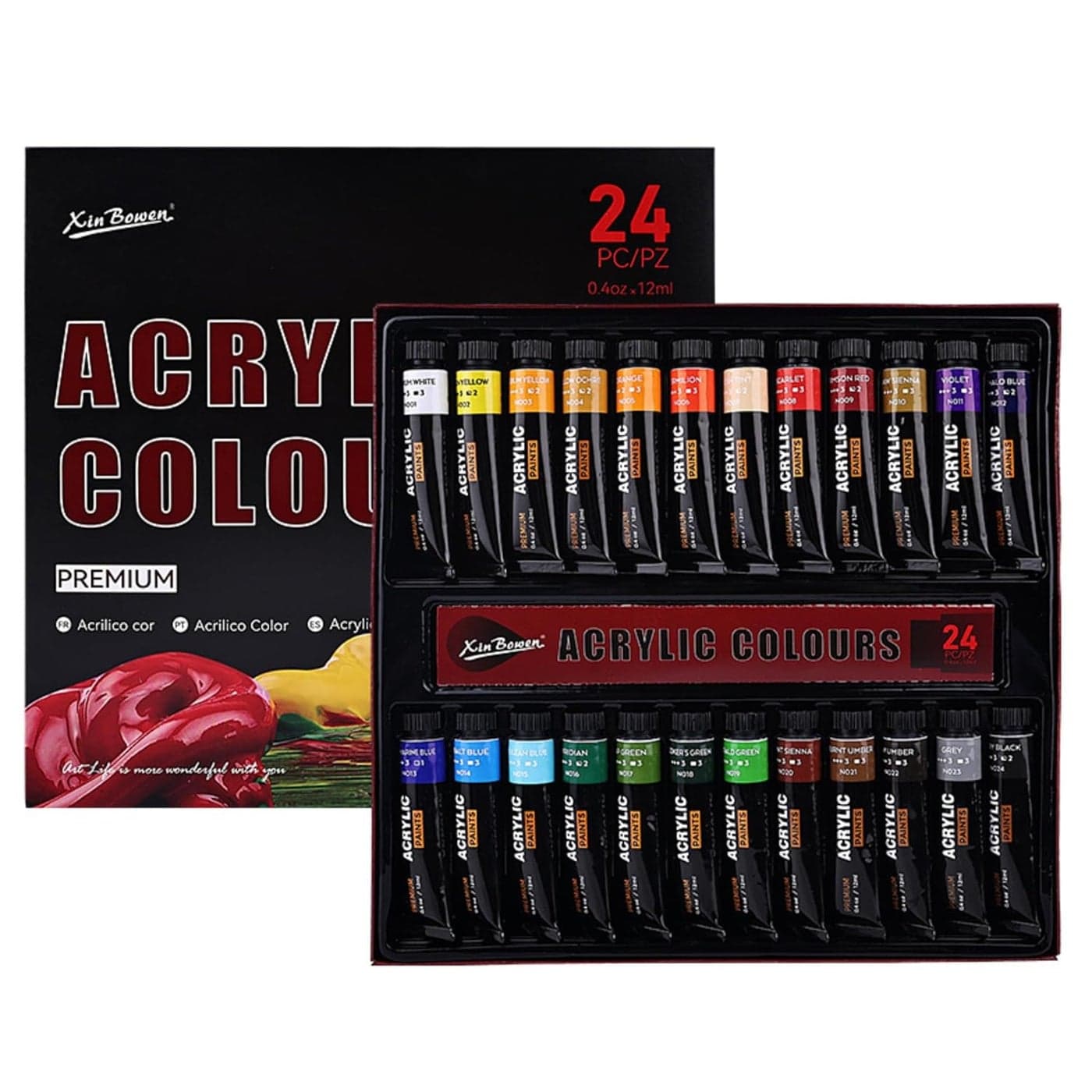 INOG XinBowen Premium Acrylic Paint Set 24 Acrylic Paint Tubes 12ml Premium Vibrant NonToxic Pigments for Canvas Glass Plastic Rocks Arts and Crafts