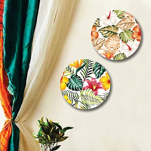 SAF paintings Round Shape Abstract Tropical Leaves MDF Wall Painting for Living Room 12X12 inch LRB29-L2
