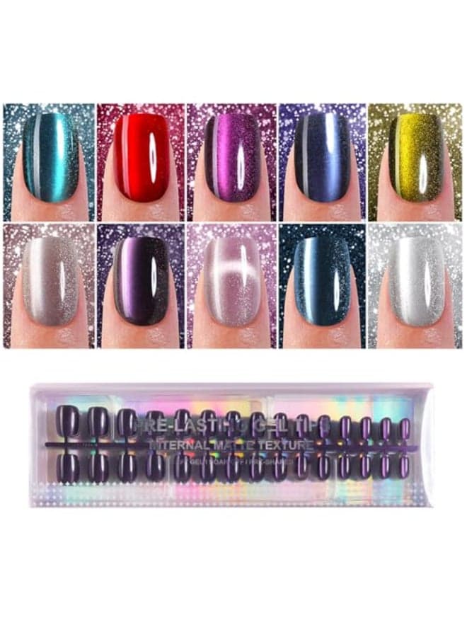 300Pcs Cat Eye Press on Nails Short Square Plauva Soft Gel Fake Nails Glossy Glitter Cat Eye Nail Tips for Women and Girls Stick On Nails in 15 Sizes