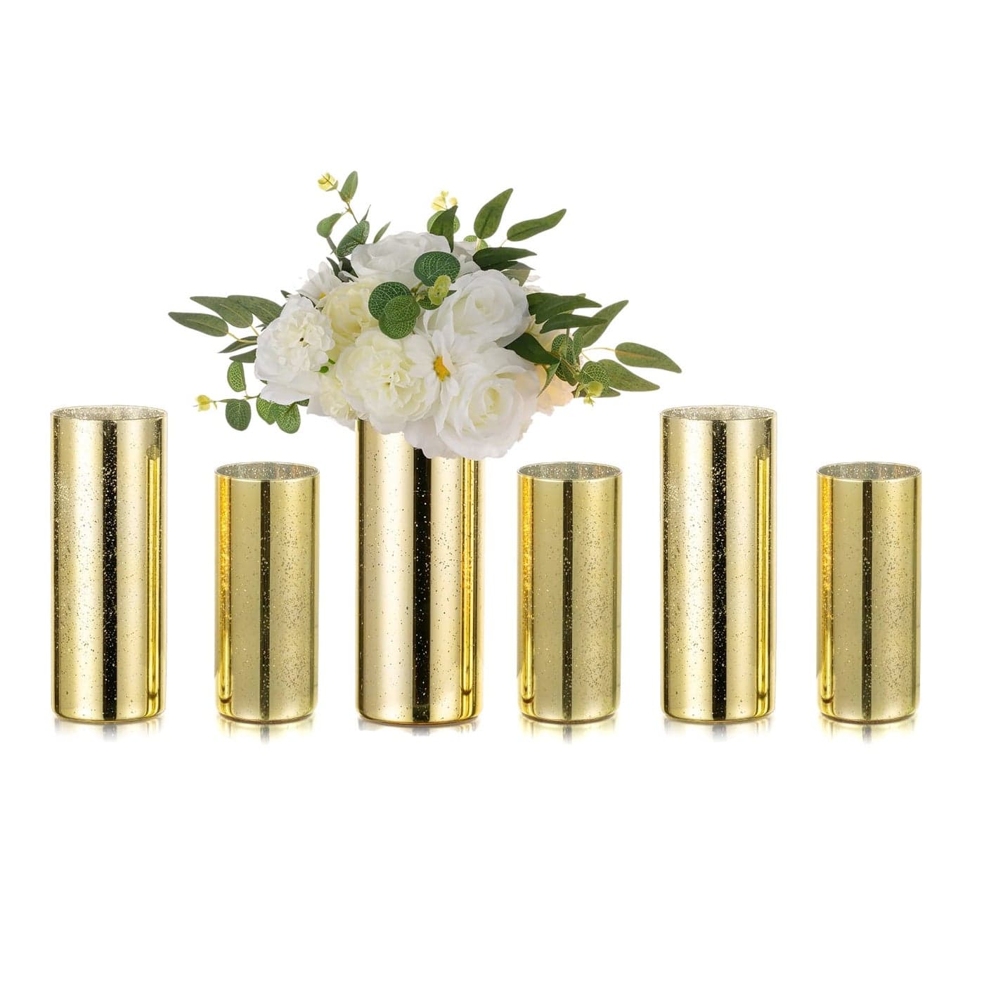 Glass Cylinder Vases Set of 6 Hewory Glittery Gold Vase for Centerpieces Hurricane Candle Holders for Pillar or Floating Candle Round Tall Vase for Wedding Anniversary Events Home Table Decor