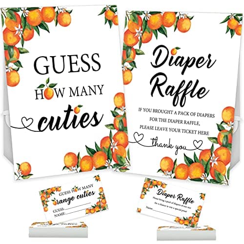 Senfaro 50 Little Cutie Orange Diaper Raffle Tickets and 1 Sign Baby Shower Games Orange Theme Guess How Many Cuties Sign with 50 Cards Baby Shower Candy Guessing Game
