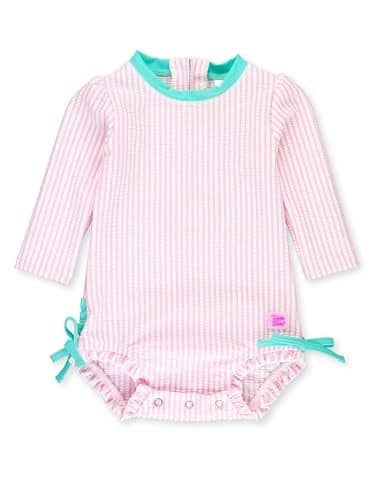 RuffleButts Baby-Girls Seersucker Long Sleeve Rash Guard - One Piece Swimsuit UPF 50+ Toddler