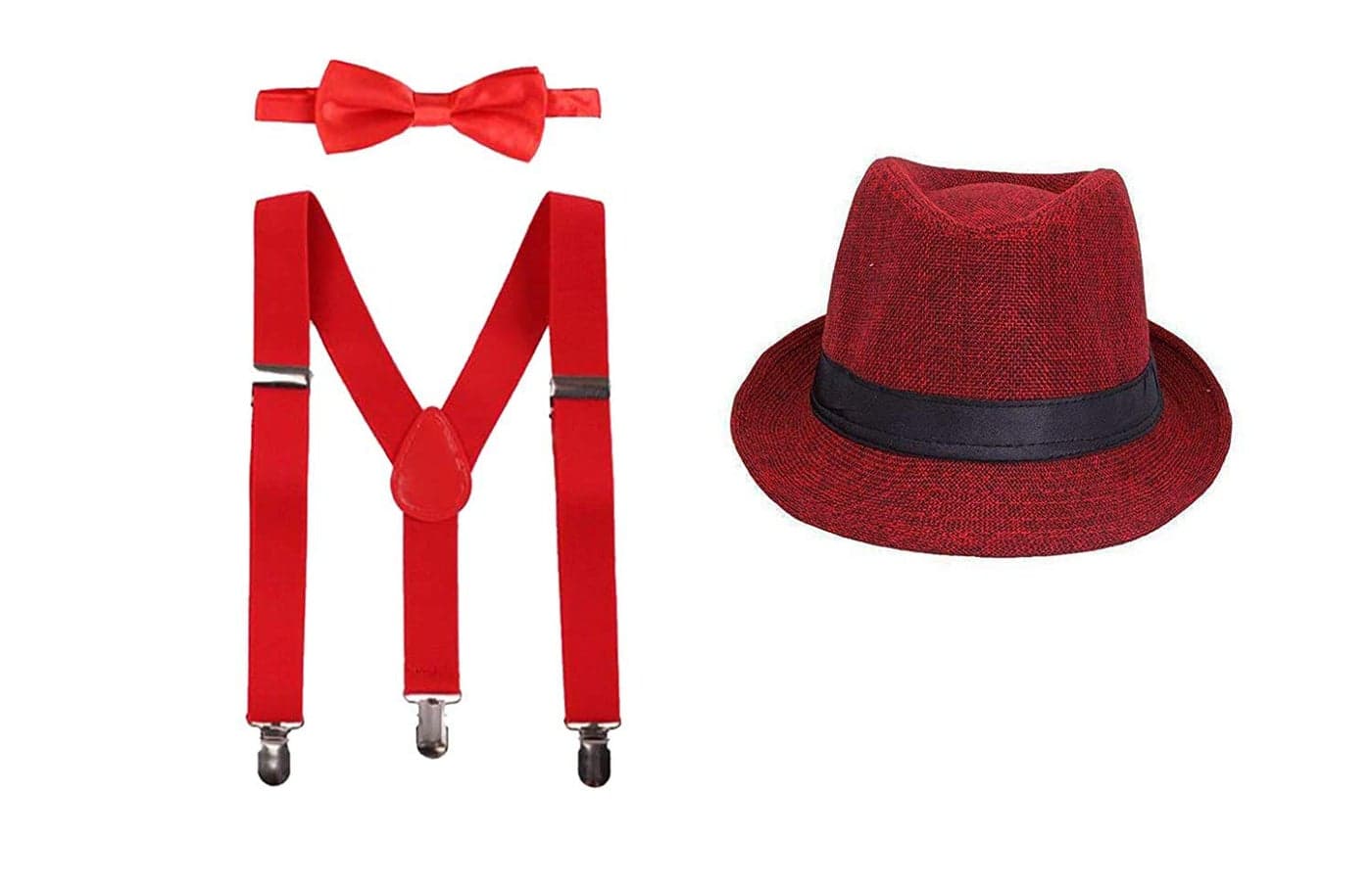 CLOTHERA Suspender and Bow Tie Set with Matched Hat for Kids 7yrs to 10yrs- Deep Red