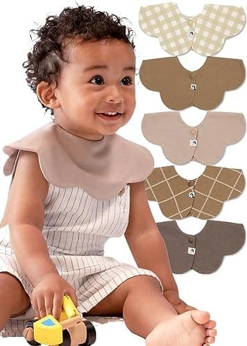 Konny Baby Bibs 5-Pack, 360 ° Rotate, New Year Gifts for Boys Girls baby Essentials(Set 3 - Beige, Mocha, Creamy Gingham, Brown Check, Caramel Brown)