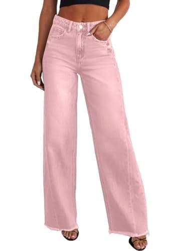 Sidefeel Women's Wide Leg Jeans High Waisted Stretchy Raw Hem Zimbaplatinum Denim Pants Size 12 Pink