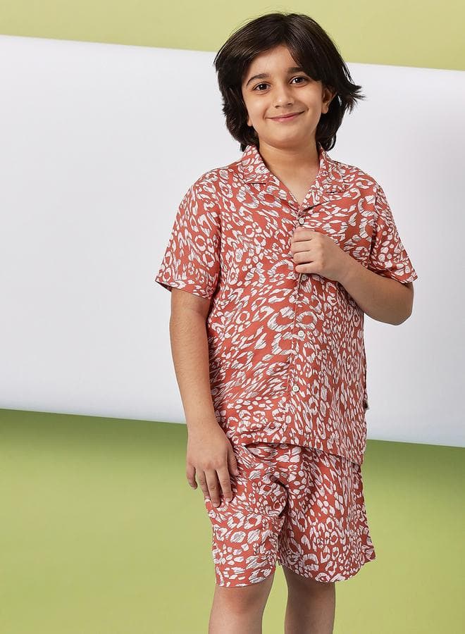 Stylo Bug Brown Rayon Printed Shirt & Shorts Set For Boys — 7-8Y