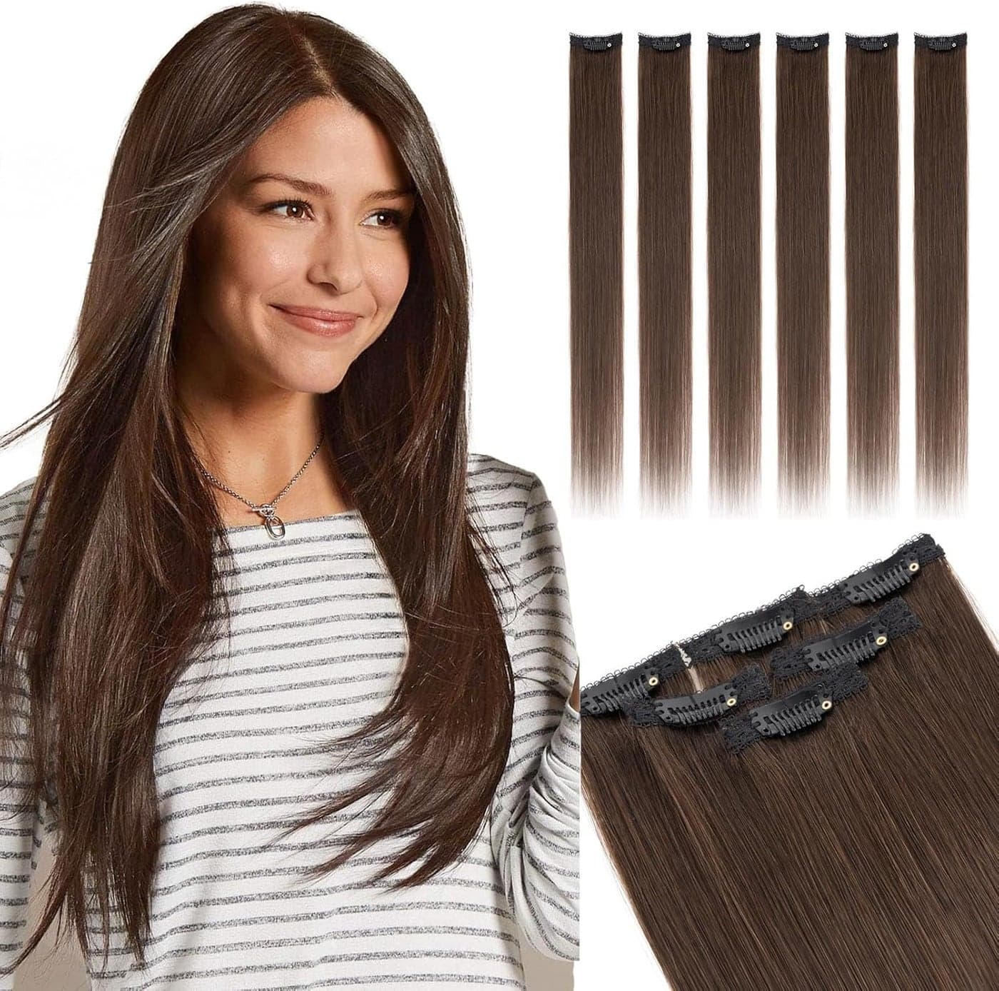 Elailite Hair Extensions Clip In Real Human Hair Remy Single Clip Brown Double Weft 6 Pcs Seamless Highlights Hairpieces Straight 02 Dark Brown 10 Inch 31g