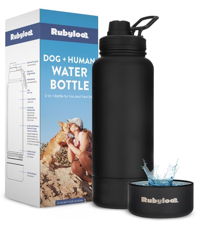 Dog Water Bottle for Dog Lovers - 32 oz Stainless Steel Double Wall Insulated Water Bottle with 8 oz Detachable Bowl on Bottom for Doggy Mom & Dad for Hiking, Walks, Travel - Black