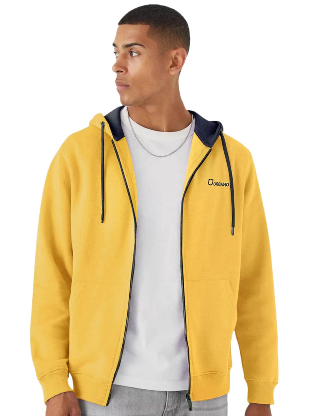 Urbano Fashion Men's Yellow, Navy Cotton Zippered Hooded Sweatshirt (jakt-solconhd-yellownav-m)