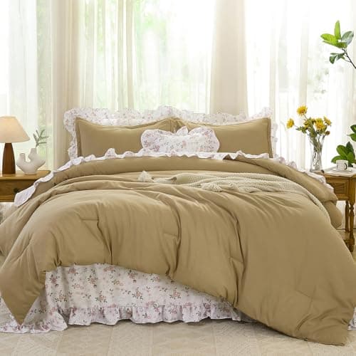 WONGS BEDDING Queen Comforter Set, 8 Pieces Farmhouse Bed in a Bag Queen, Bedding Set Queen Size with Brown Comforter, Ruffle Floral Pillowcases & Flat Sheet, Floral Fitted Sheet