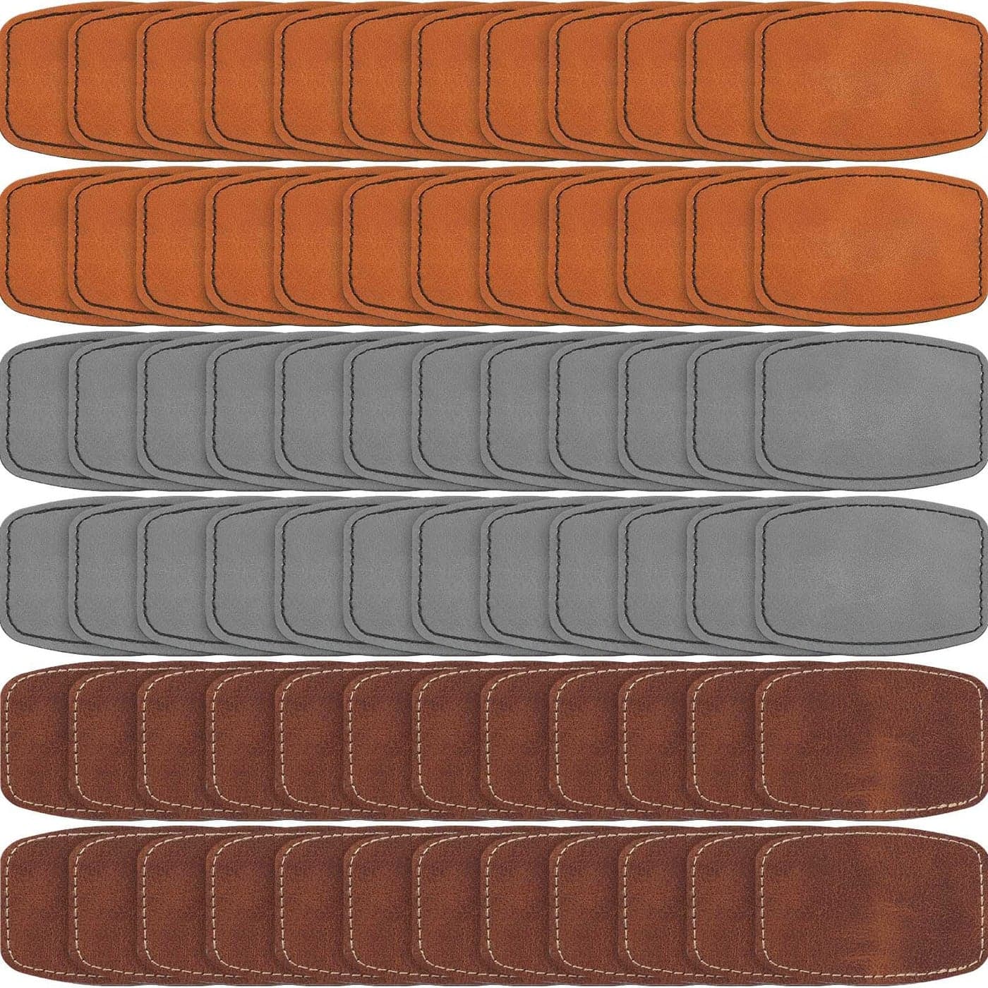 Dunzy 60 Pcs Blank Leatherette Hat Patches with Adhesive Rustic Rounded Rectangle Patch Faux Leather Patches for Hats Costumes Fabric Repair Sew Laser SuppliesKhaki Gray Brown2x3inch