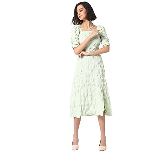 Campus Sutra Women's Creased Midi Dress for Casual Wear | Puff Sleeve | Midi Length | Pull On Closure | Dress Crafted with Comfort Fit for Everyday Wear