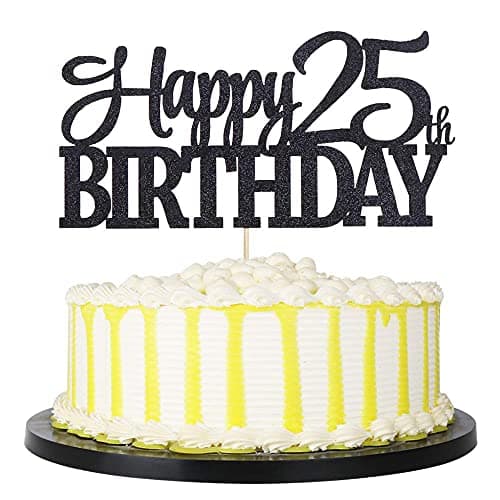 Festiko®Black Glitter Happy 25th Birthday Cake Topper - 25 Anniversary Party Decoration (25th)