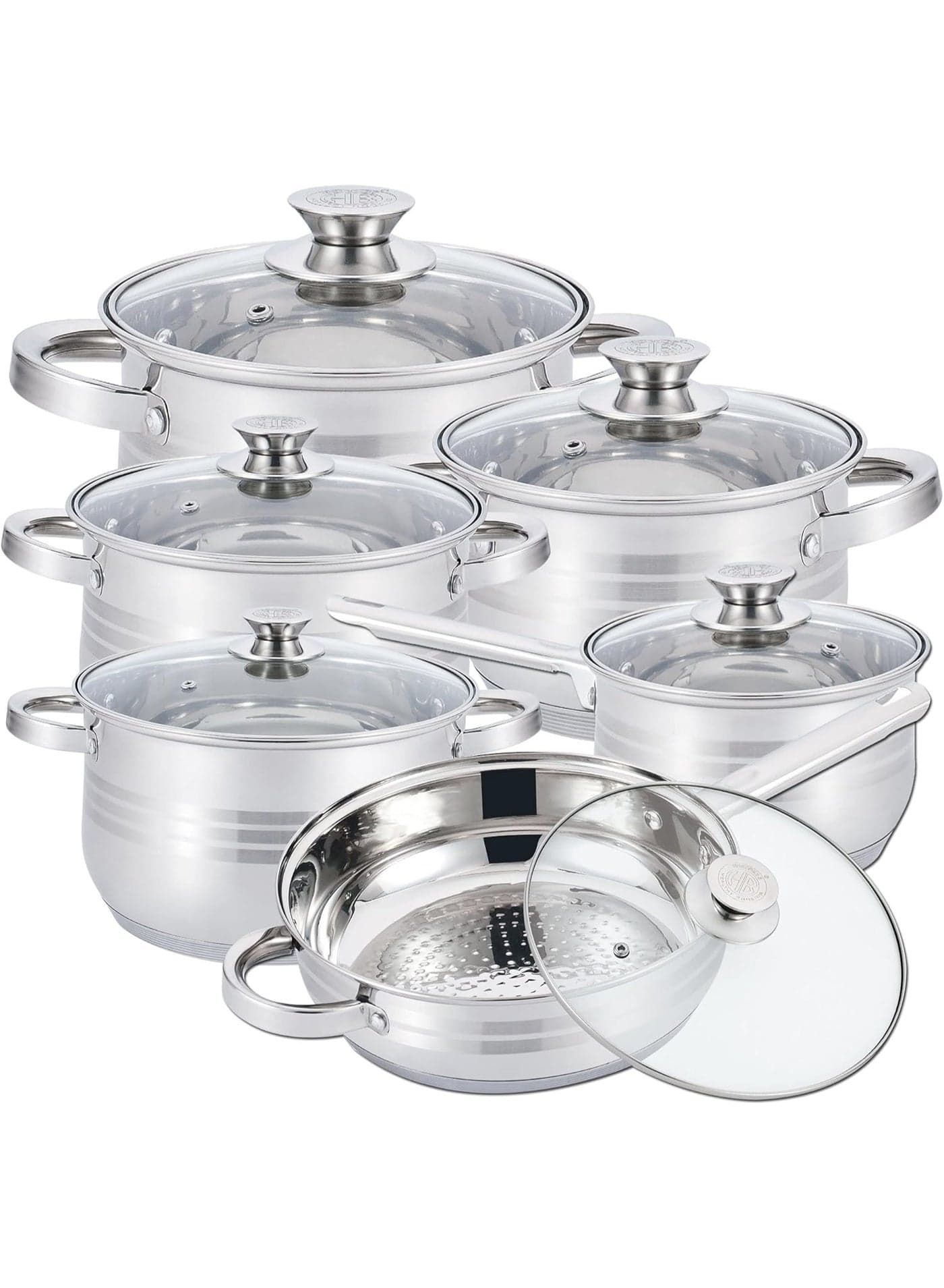 Olympia Stainless Steel 12-Piece Cookware Set - Casserole, Saucepan, Fry Pan Heavy Duty With Stainless Steel Handle Gas, Stovetops Compatible For Family Meals